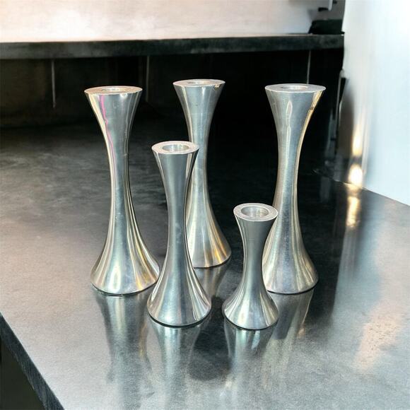 5 New Stainless Steal Hourglass Candle Sticks-MCM- Scandinavian Design- 8”6”4” - Picture 4 of 11